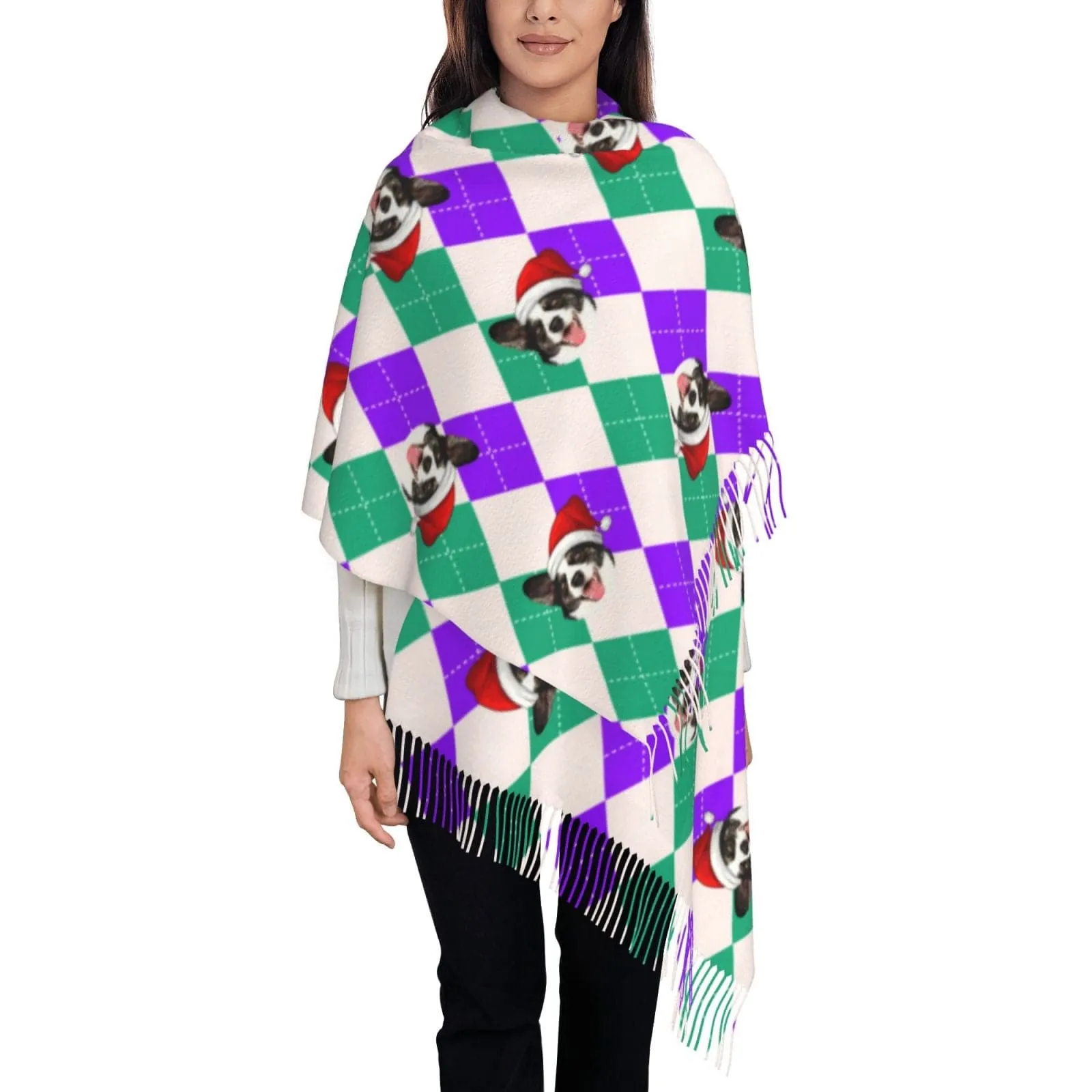 Custom Pet Dog Face Diamond Lattice Multicolor Women's Tassel Scarf