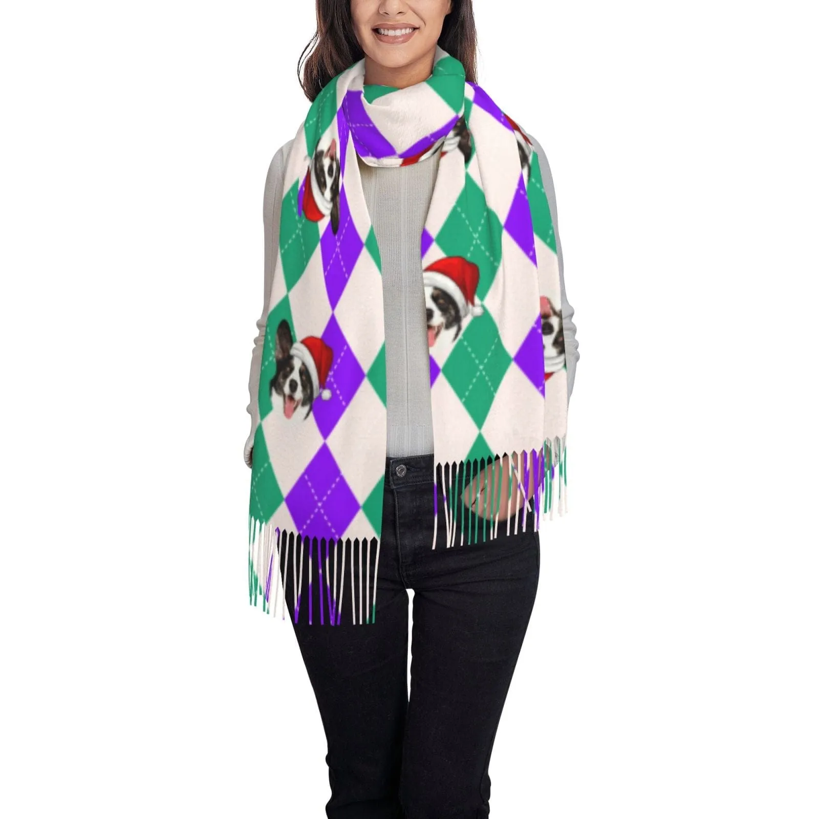 Custom Pet Dog Face Diamond Lattice Multicolor Women's Tassel Scarf