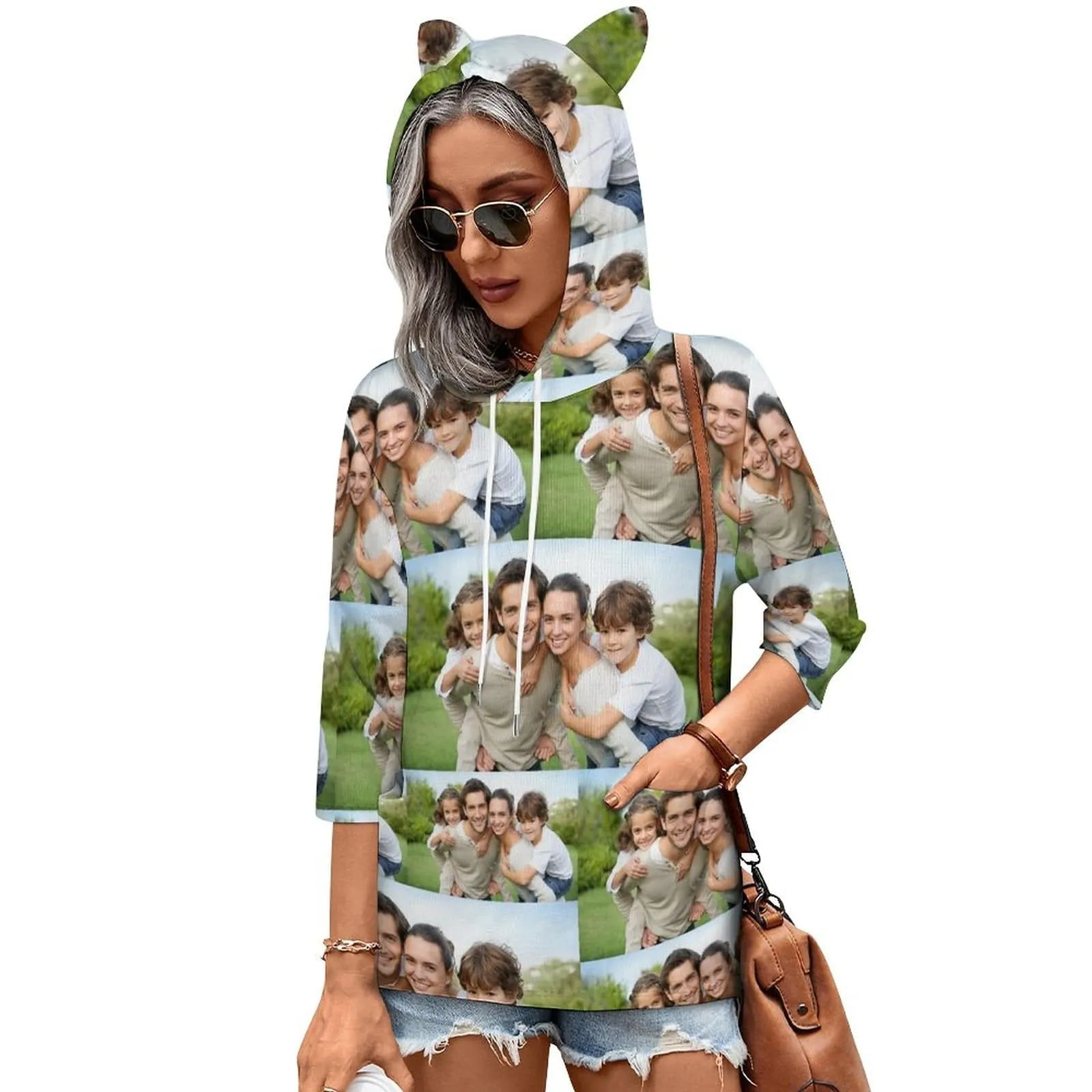 Custom Photo Hoodie Three Quarter Sleeve Cool Hoodie Designs Women's Cat Ear Hooded Pullover