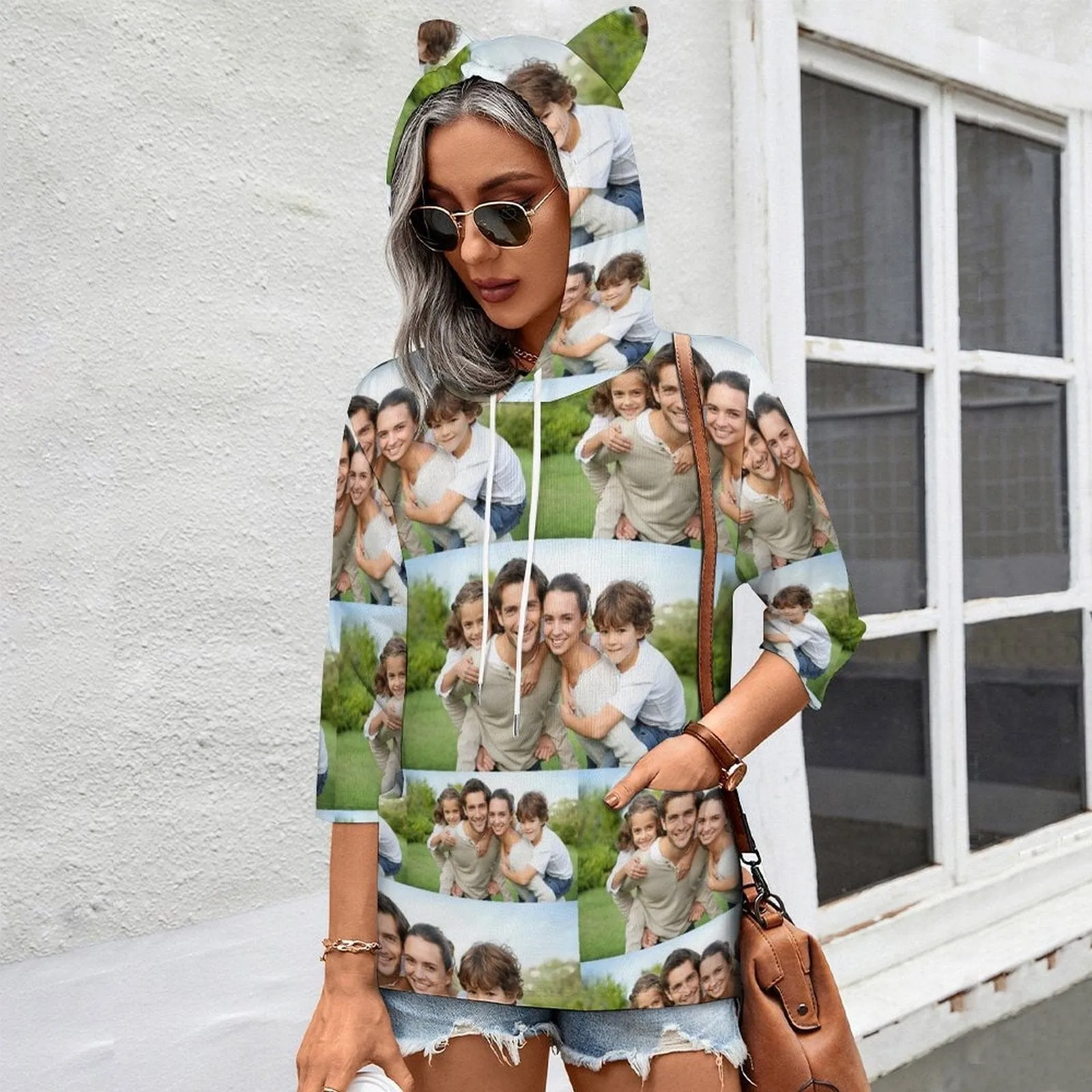 Custom Photo Hoodie Three Quarter Sleeve Cool Hoodie Designs Women's Cat Ear Hooded Pullover