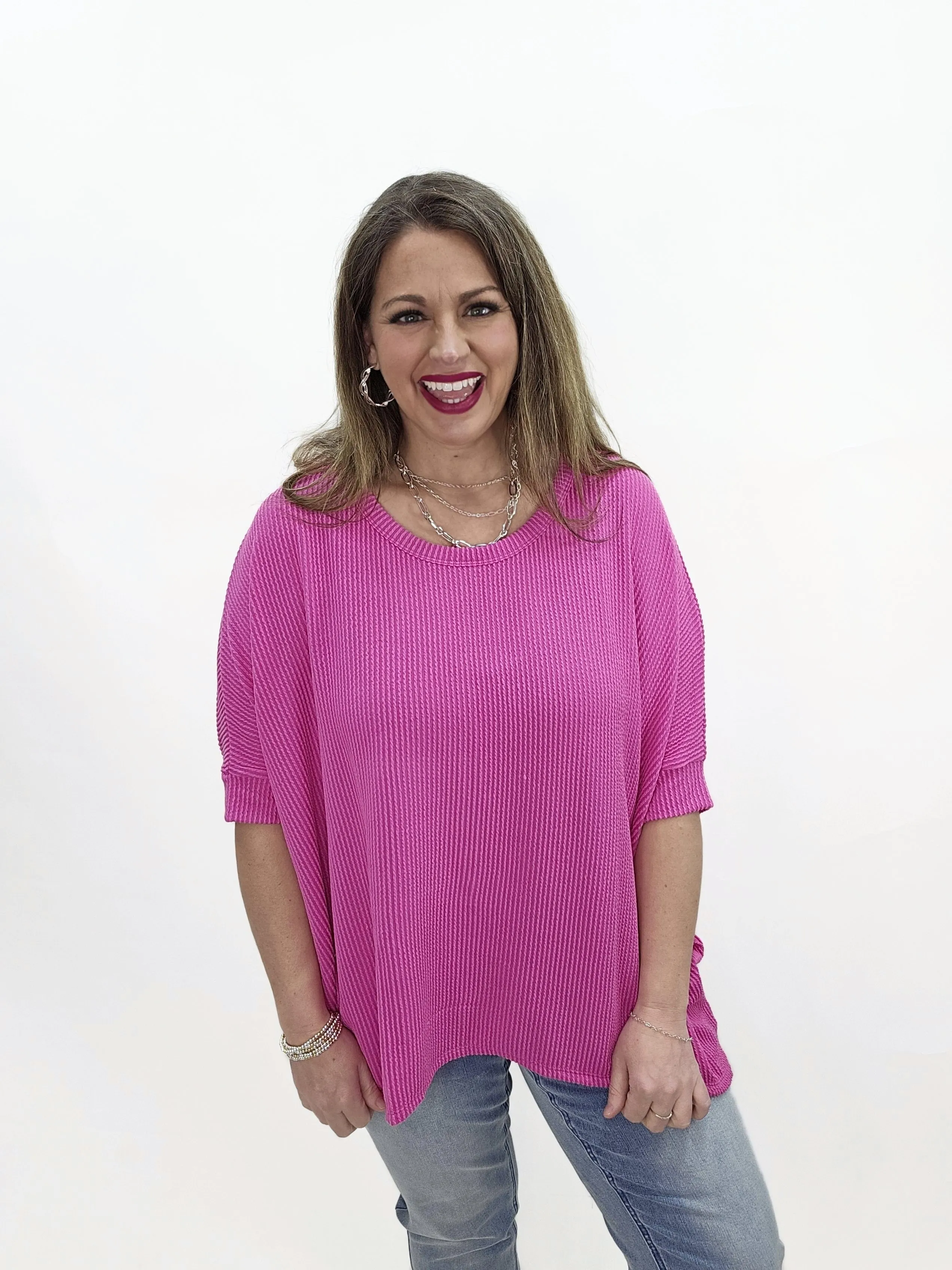 DEAR SCARLETT/ANDREE OVERSIZED RAISED RIBBED TOP - FUCHSIA