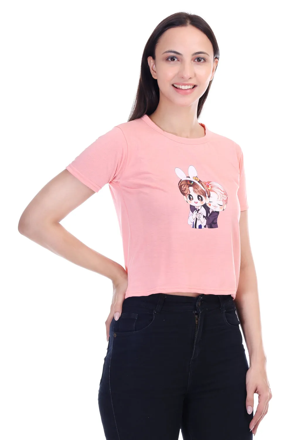 DK FASHION Women's  Women Solid Round Neck Pure Cotton Anime Peach T-Shirt