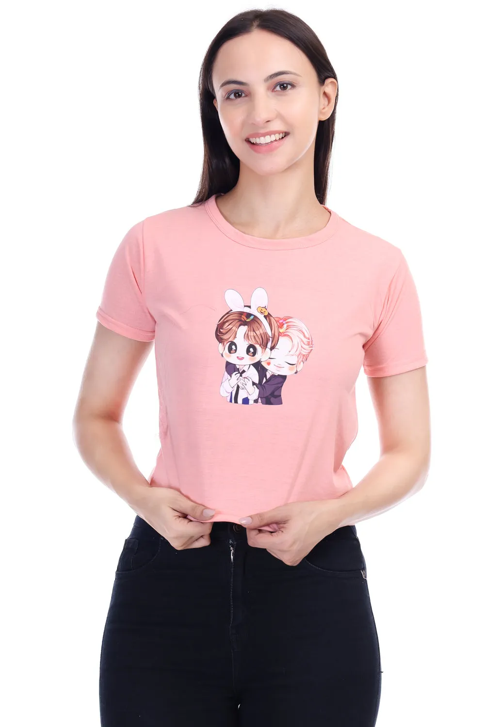 DK FASHION Women's  Women Solid Round Neck Pure Cotton Anime Peach T-Shirt