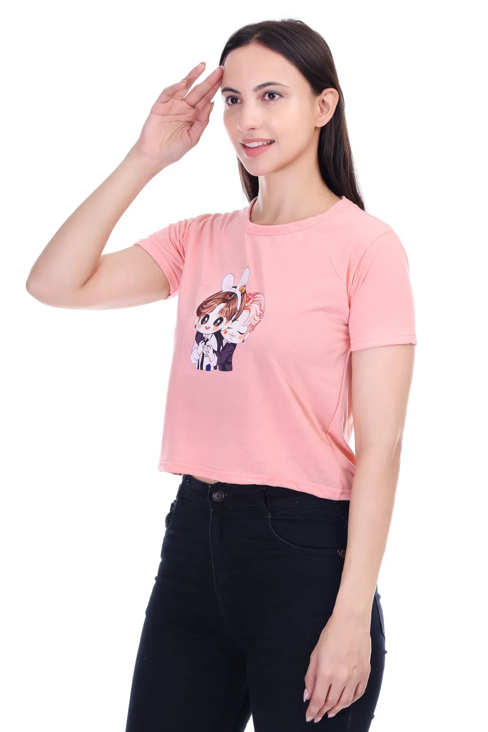 DK FASHION Women's  Women Solid Round Neck Pure Cotton Anime Peach T-Shirt