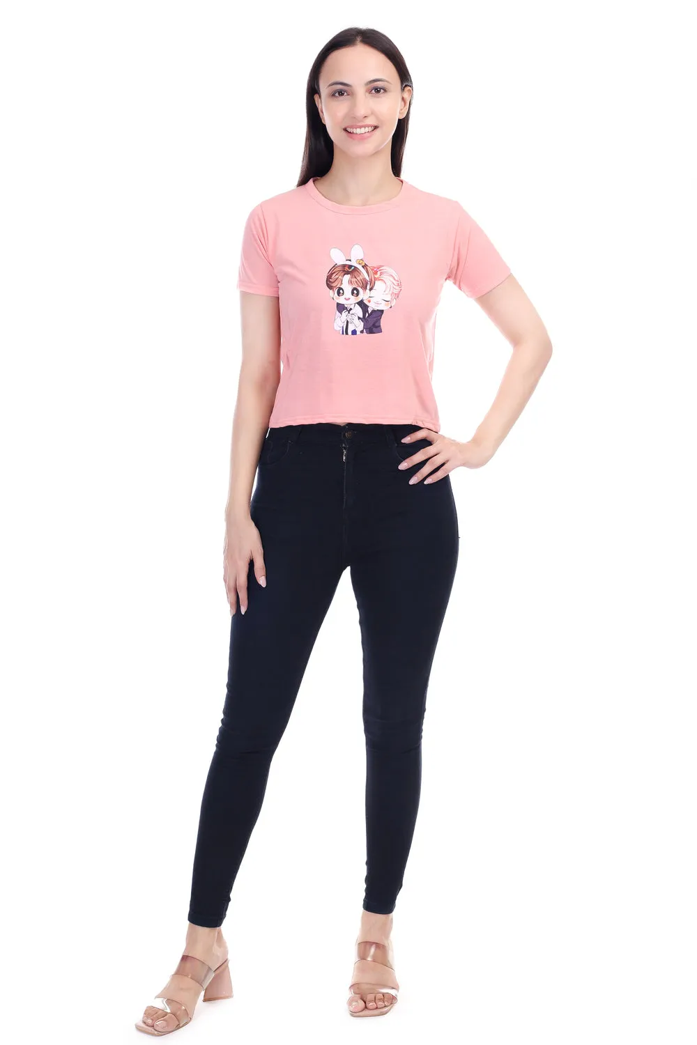 DK FASHION Women's  Women Solid Round Neck Pure Cotton Anime Peach T-Shirt