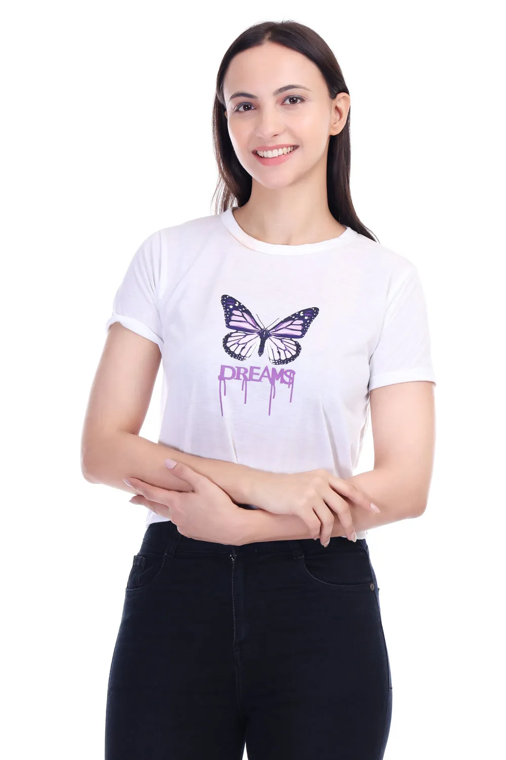 DK FASHION Women's  Women Solid Round Neck Pure Cotton Butterfly White T-Shirt