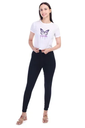 DK FASHION Women's  Women Solid Round Neck Pure Cotton Butterfly White T-Shirt