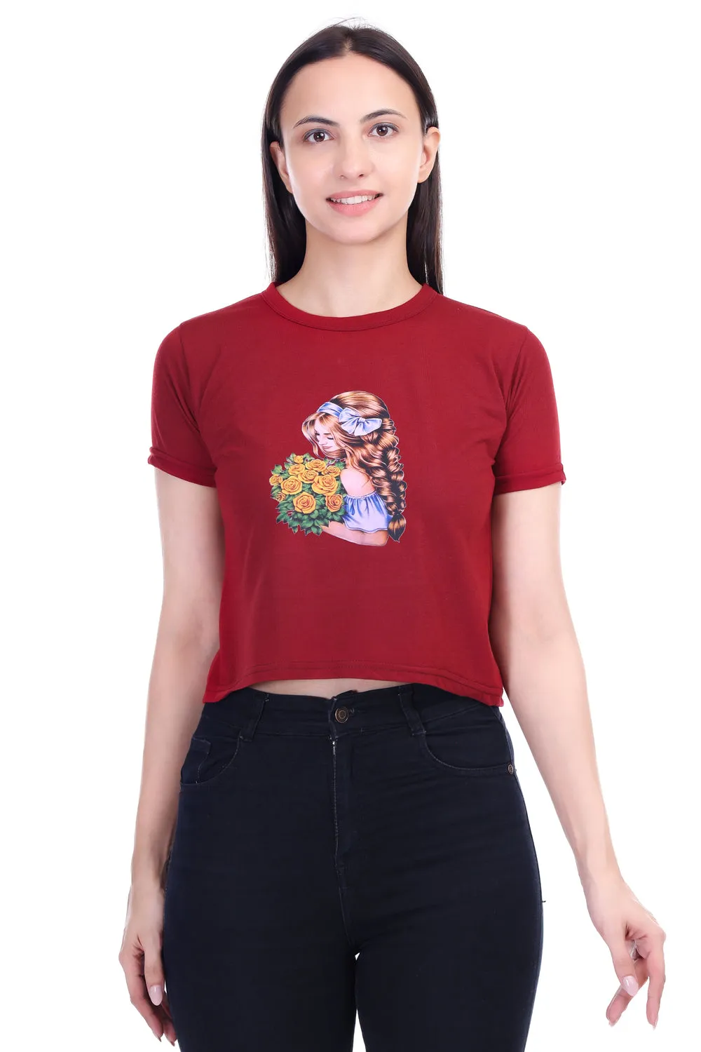 DK FASHION Women's  Women Solid Round Neck Pure Cotton Dollflower Print T-Shirt