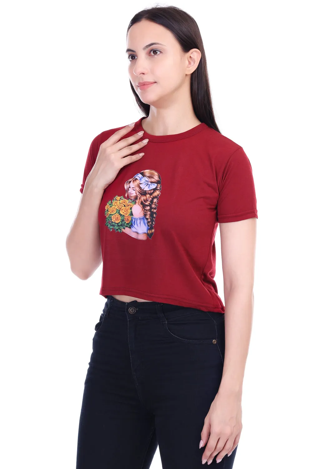 DK FASHION Women's  Women Solid Round Neck Pure Cotton Dollflower Print T-Shirt