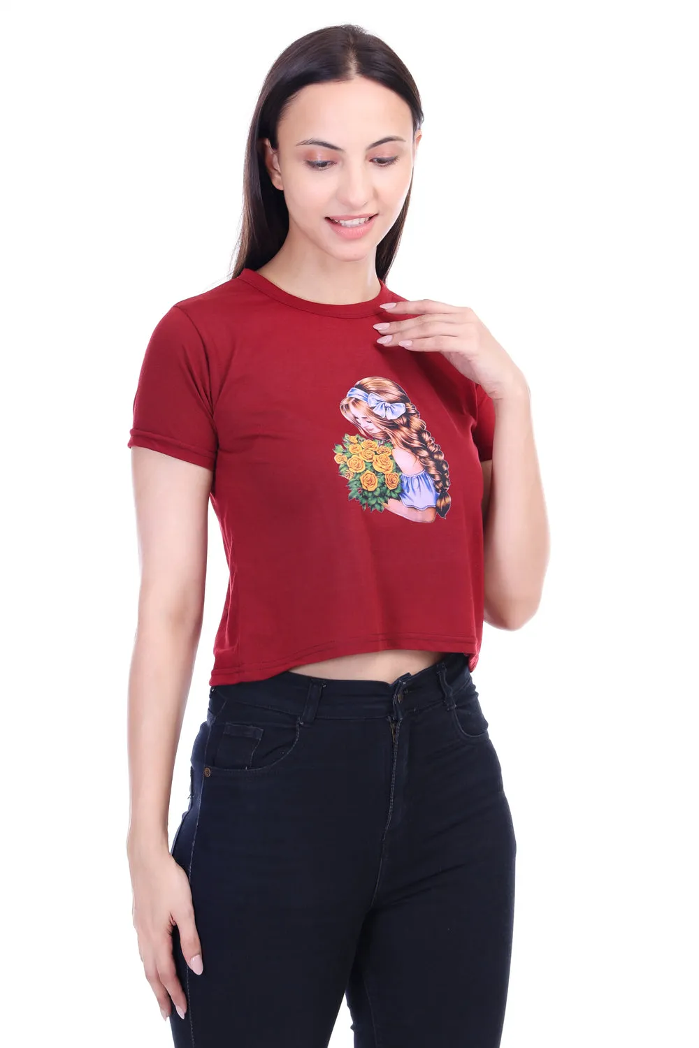 DK FASHION Women's  Women Solid Round Neck Pure Cotton Dollflower Print T-Shirt