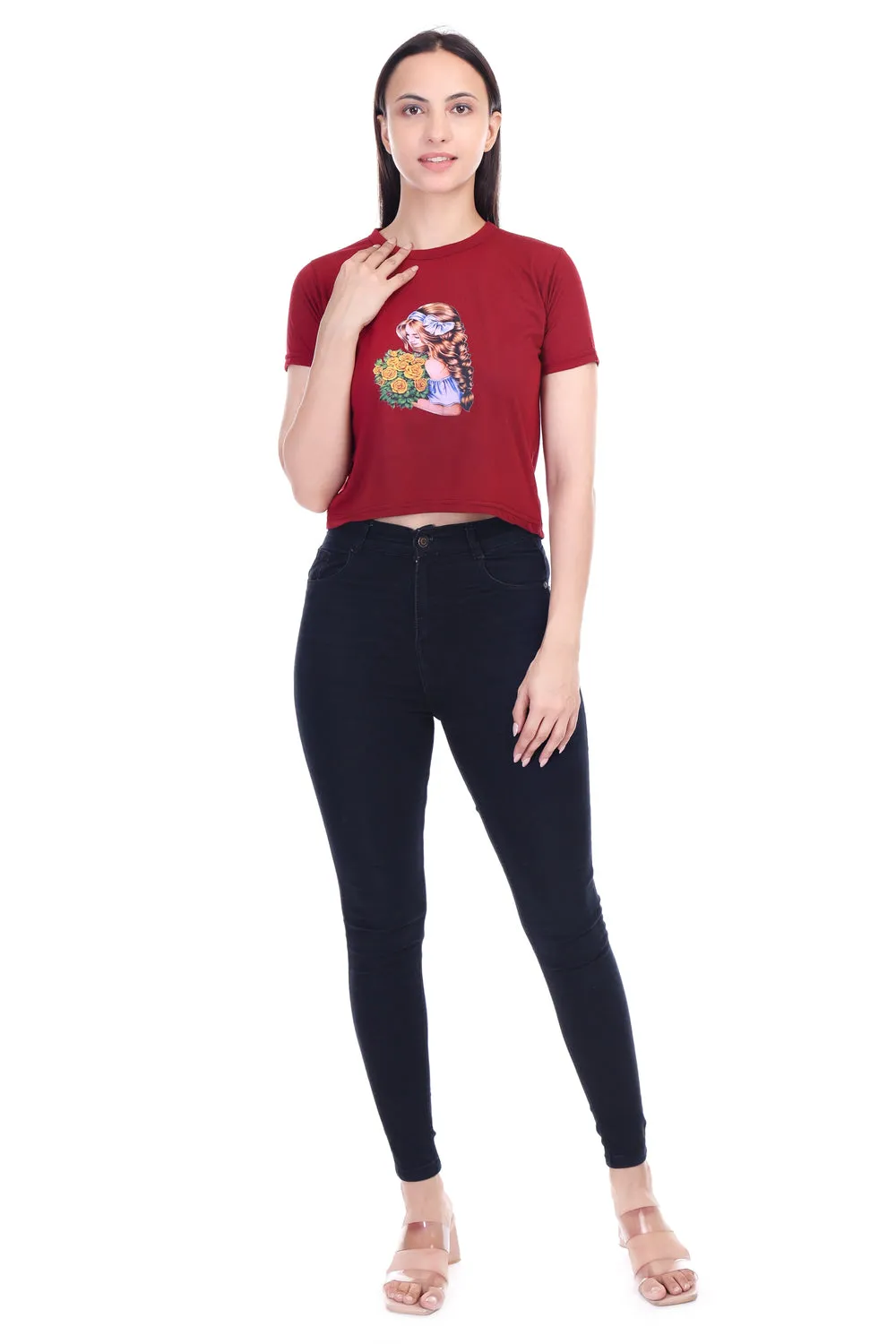 DK FASHION Women's  Women Solid Round Neck Pure Cotton Dollflower Print T-Shirt