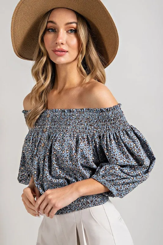 Eesome Animal Print Smocked Off the Shoulder Top