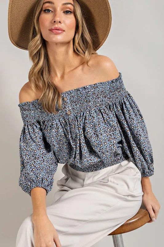 Eesome Animal Print Smocked Off the Shoulder Top