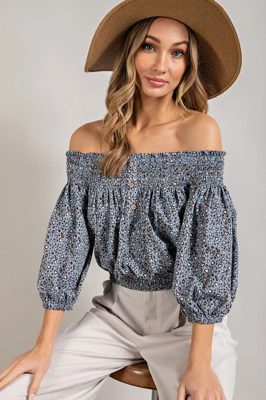 Eesome Animal Print Smocked Off the Shoulder Top