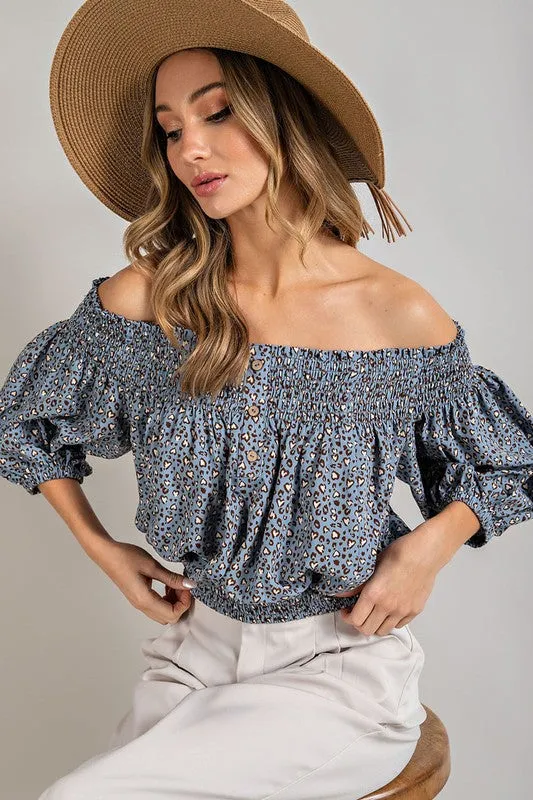 Eesome Animal Print Smocked Off the Shoulder Top