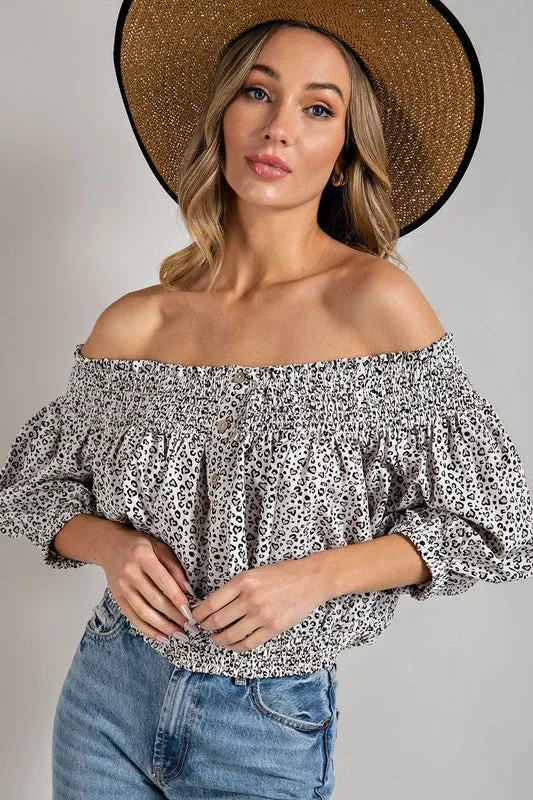Eesome Animal Print Smocked Off the Shoulder Top