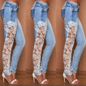 Elastic Lace Patchwork Slim Sheath Sexy Jeans