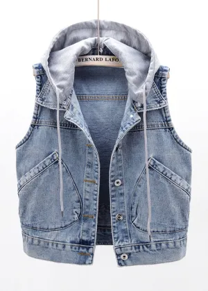 Elegant Light Blue Patchwork Pockets Hooded Denim Waistcoat Sleeveless
