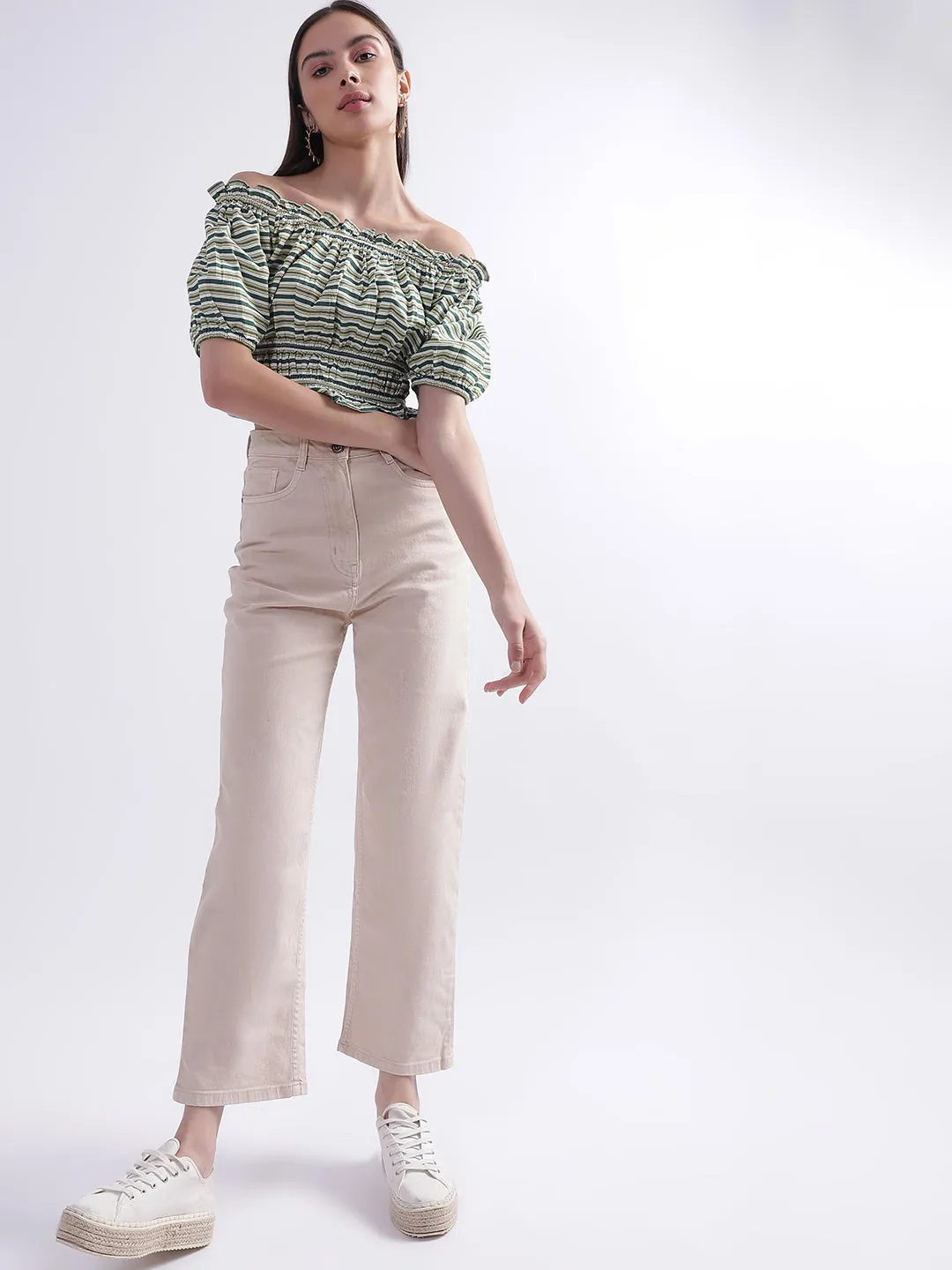 Elle Women Beige Solid Regular Fit Jeans