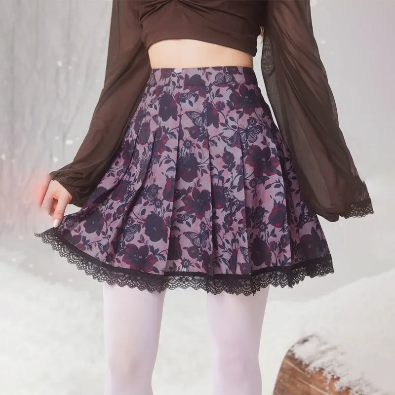 Floral Print Contrast Lace Pleated Skirt
