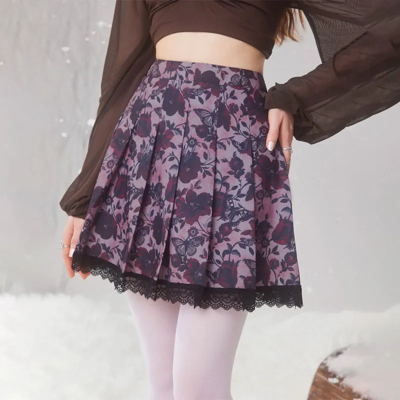 Floral Print Contrast Lace Pleated Skirt