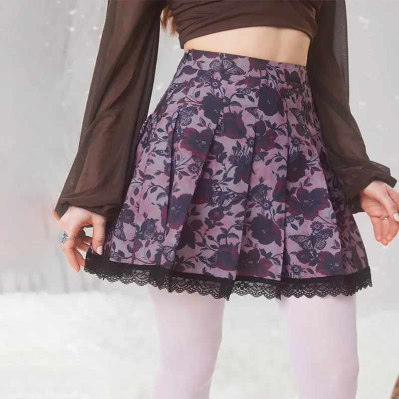 Floral Print Contrast Lace Pleated Skirt