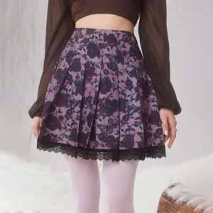 Floral Print Contrast Lace Pleated Skirt