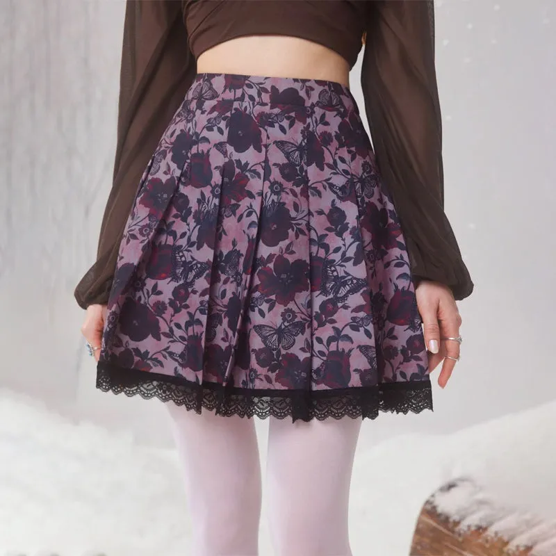 Floral Print Contrast Lace Pleated Skirt
