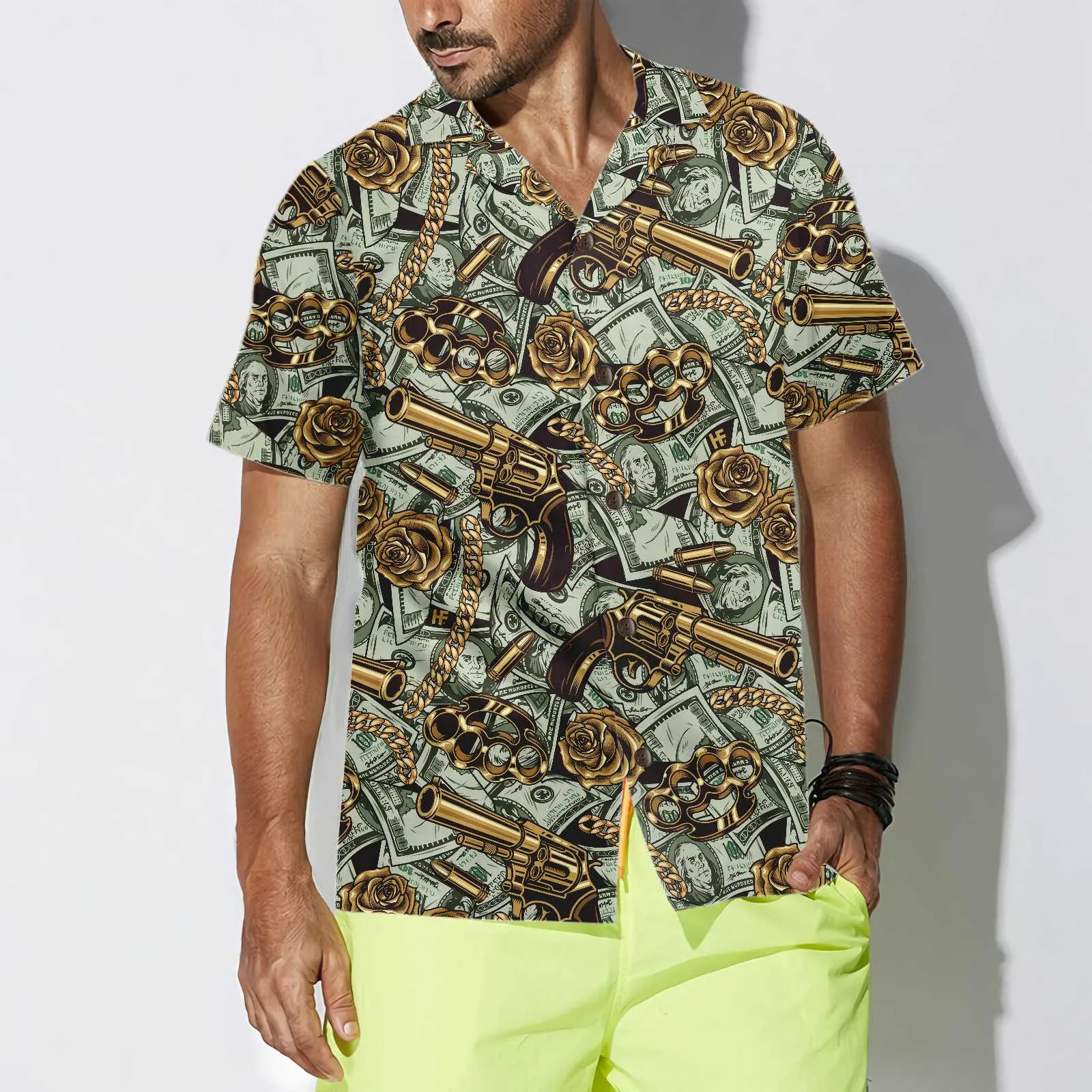 Gangster And Money Vintage Seamless Pattern Hawaiian Shirt, Short Sleeve Money Shirt For Men