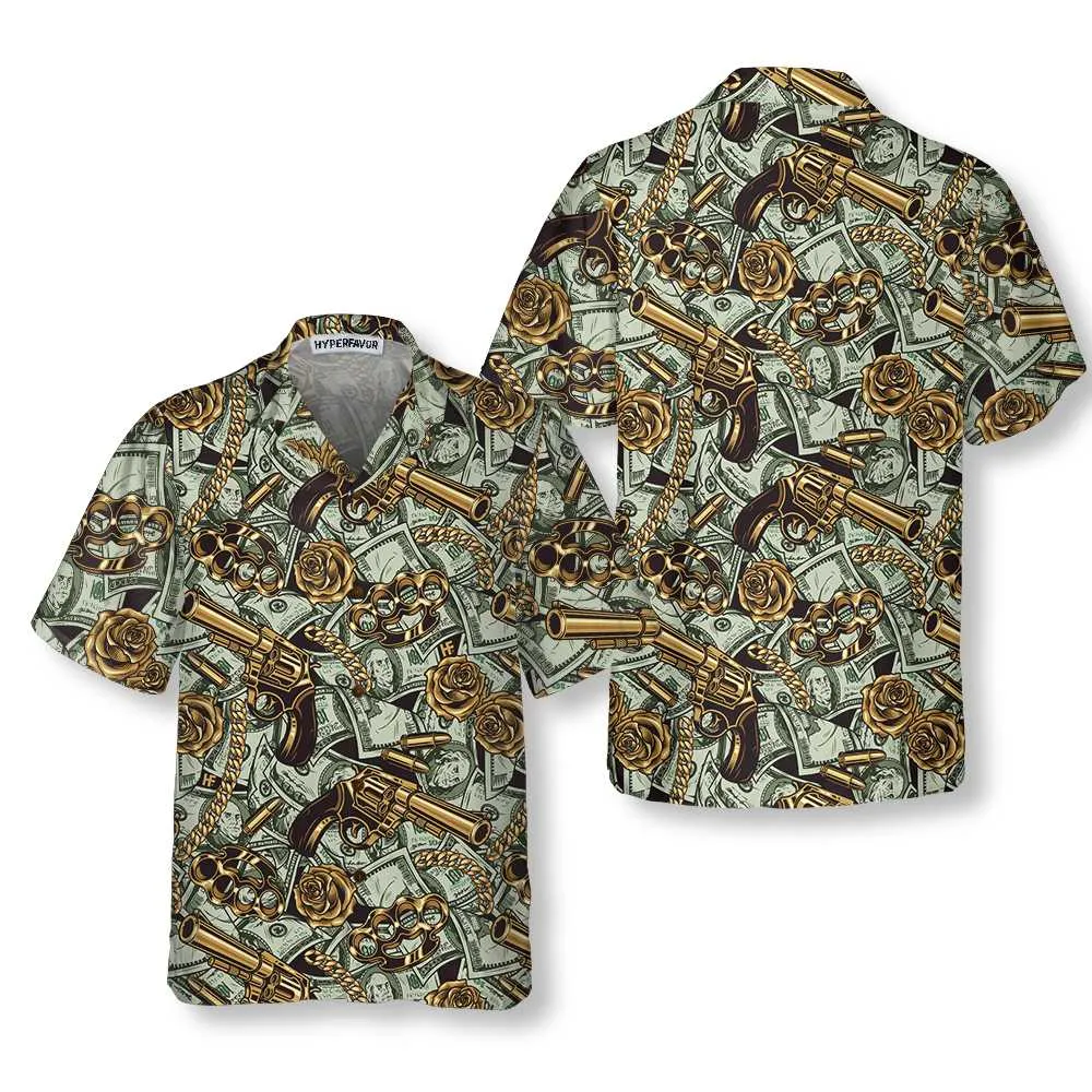 Gangster And Money Vintage Seamless Pattern Hawaiian Shirt, Short Sleeve Money Shirt For Men