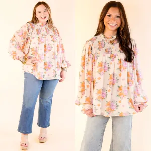 Garden Glow Watercolor Floral Print Blouse with High Neckline in Ivory