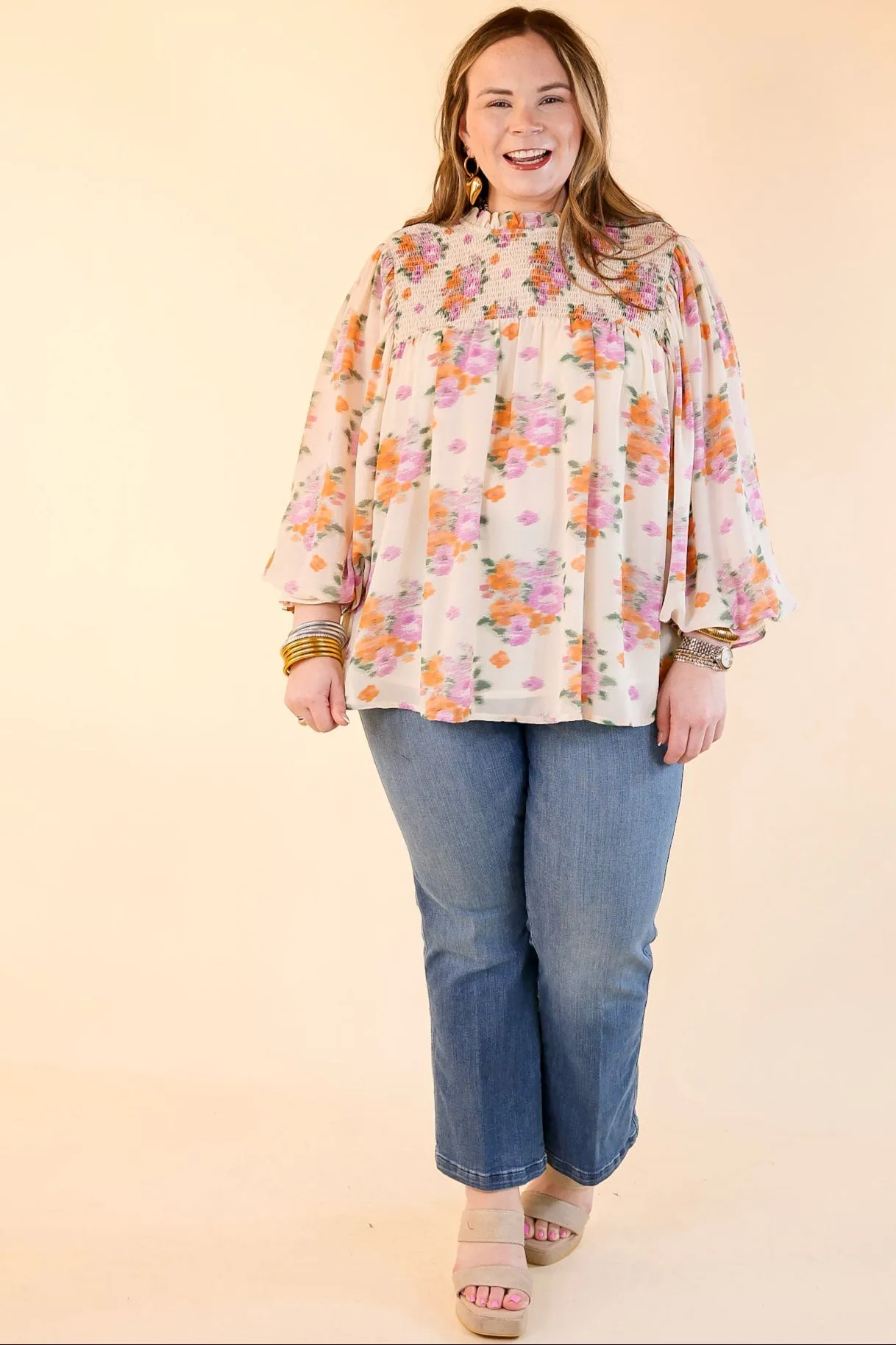 Garden Glow Watercolor Floral Print Blouse with High Neckline in Ivory