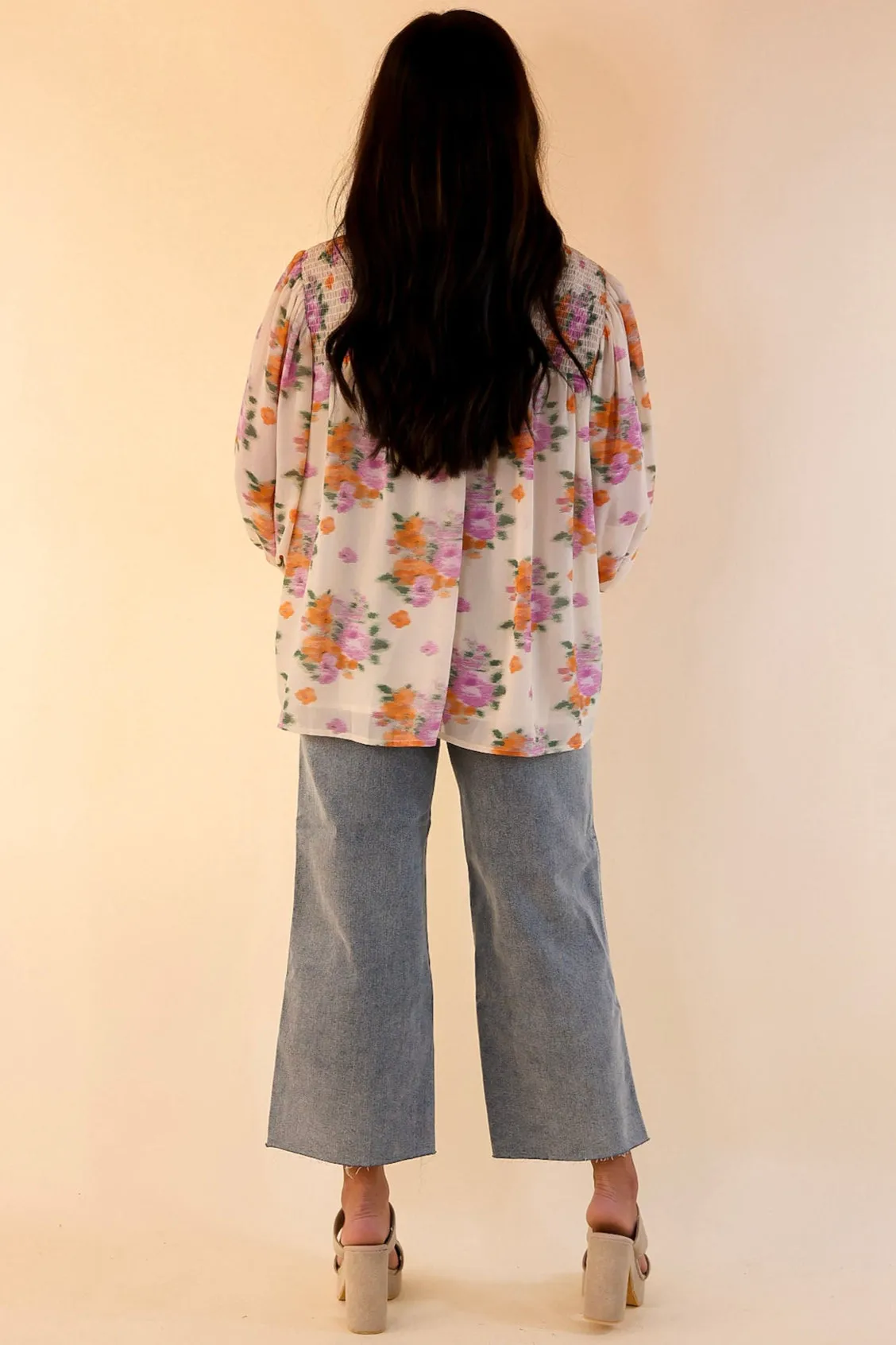 Garden Glow Watercolor Floral Print Blouse with High Neckline in Ivory