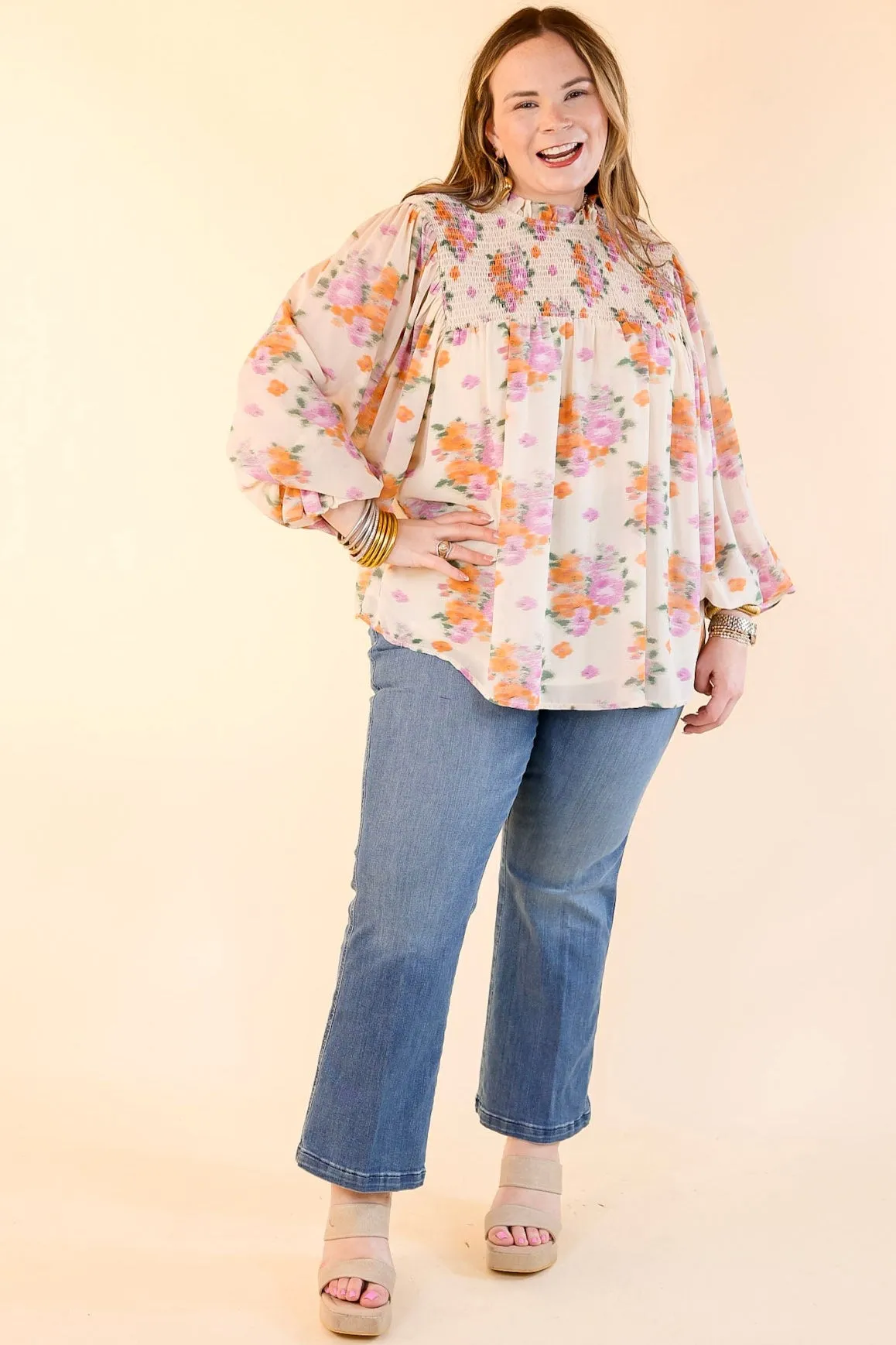 Garden Glow Watercolor Floral Print Blouse with High Neckline in Ivory