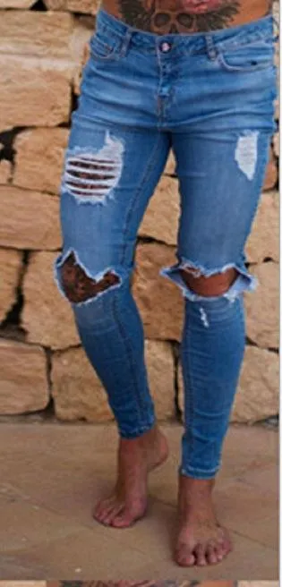 Hanrae Stylish Hip Hop Ripped Holes Washed Skinny Designer Jeans