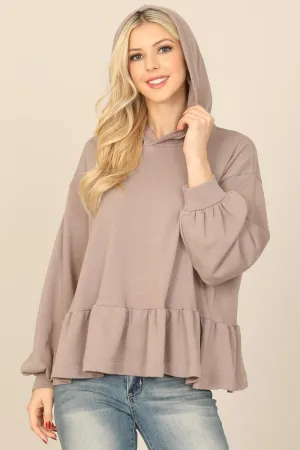 HOODIE LONG PUFF SLEEVE RUFFLED HEM PEPLUM TOP