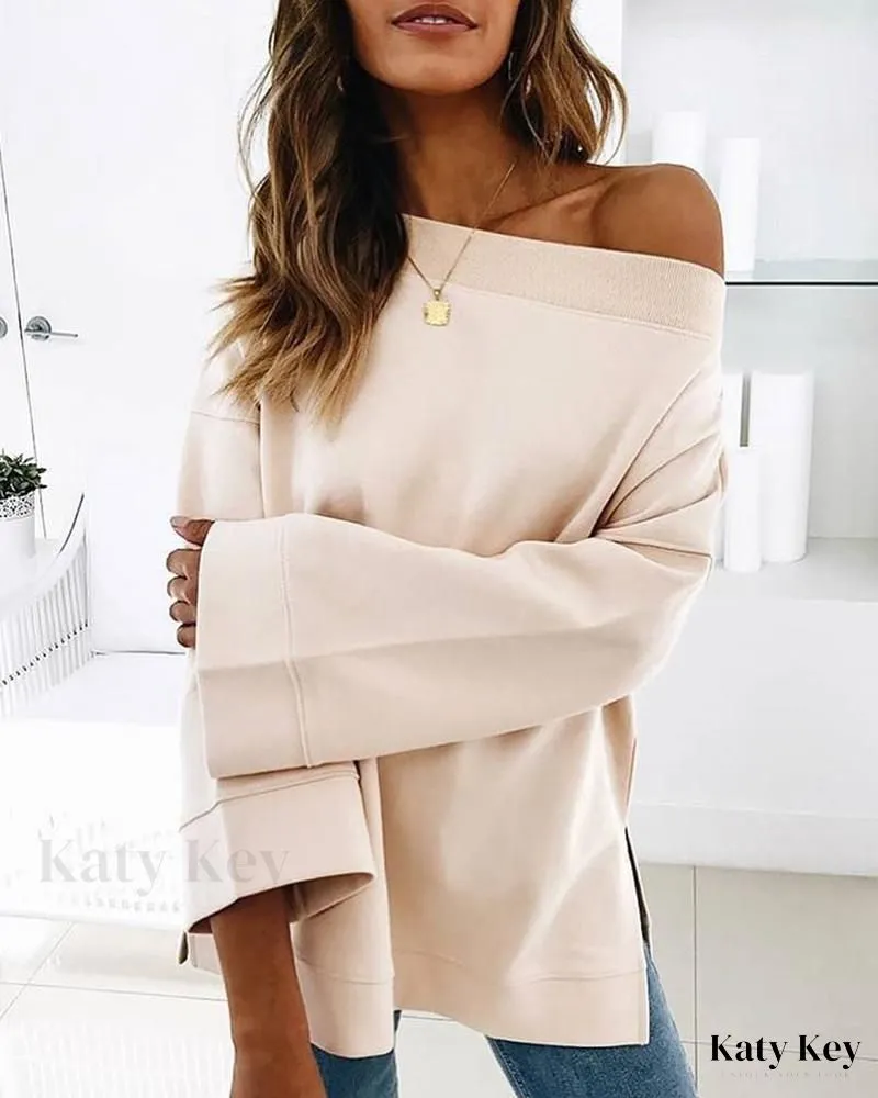 KatyKey - Chic and Comfortable Bell Sleeve Slit Sweatshirt for Casual Wear