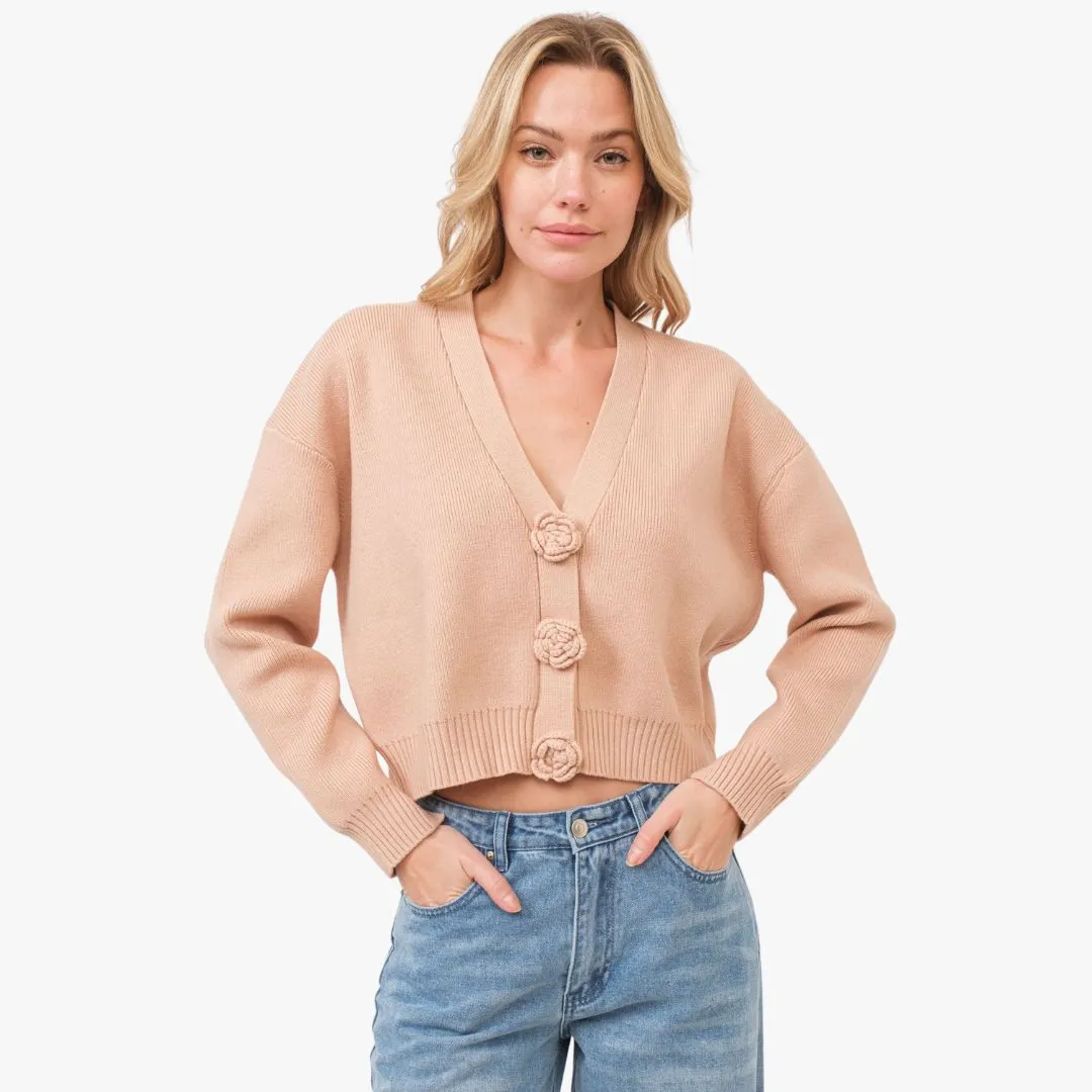 Knitted Rosette Detail Cardigan (Nude)