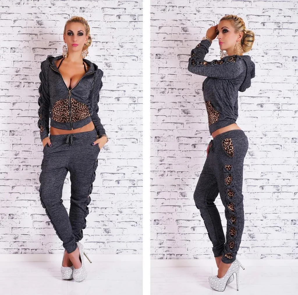 Leopard Patchwork Twinset Hoodies Set Activewear