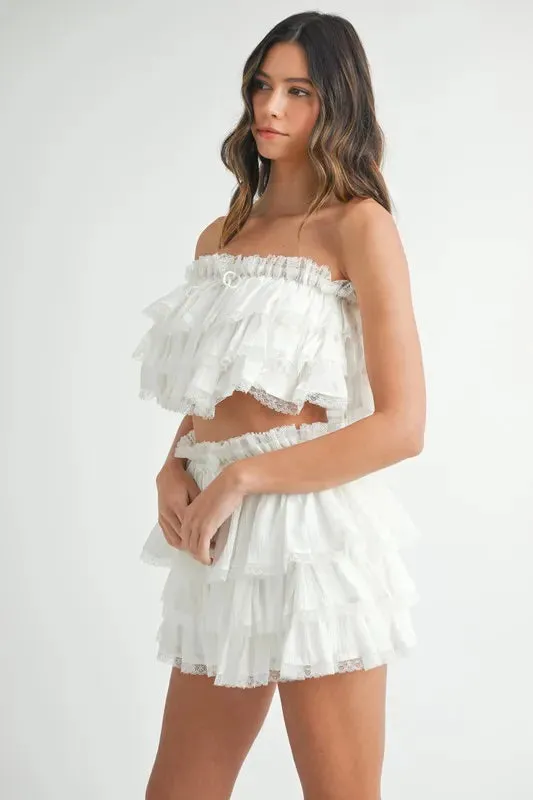 MABLE Ruffle Layered Crop Top and Mini Skirt Set In Off White