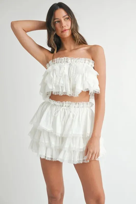 MABLE Ruffle Layered Crop Top and Mini Skirt Set In Off White