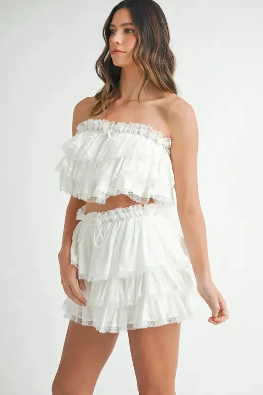 MABLE Ruffle Layered Crop Top and Mini Skirt Set In Off White