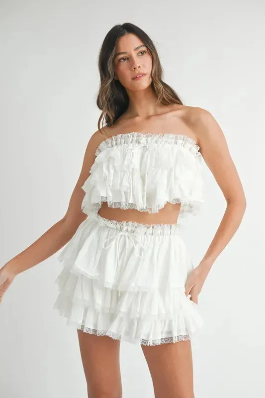 MABLE Ruffle Layered Crop Top and Mini Skirt Set In Off White