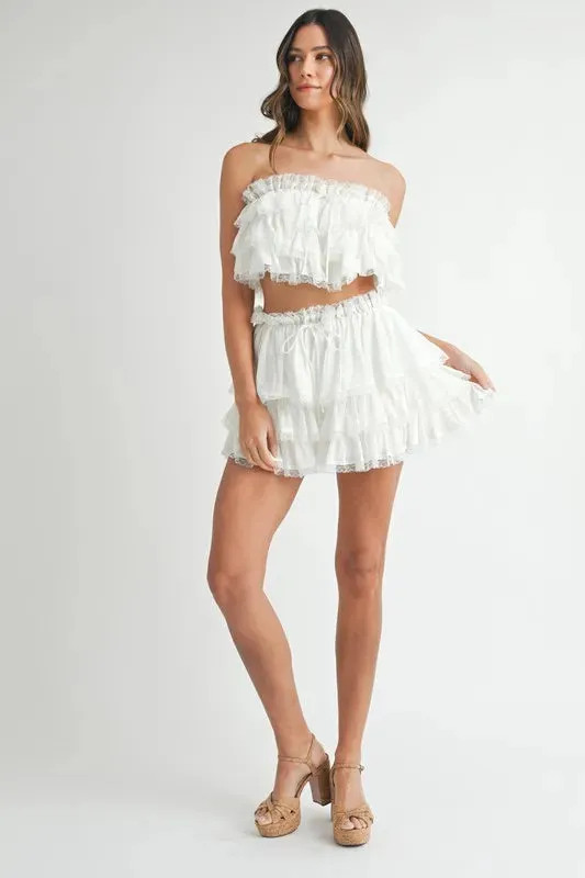MABLE Ruffle Layered Crop Top and Mini Skirt Set In Off White