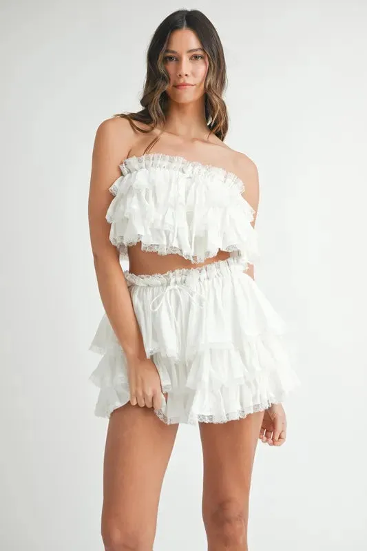 MABLE Ruffle Layered Crop Top and Mini Skirt Set In Off White