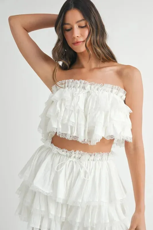 MABLE Ruffle Layered Crop Top and Mini Skirt Set In Off White