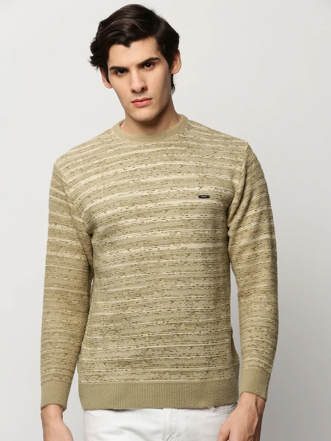 Men Olive Striped Acrylic Pullover
