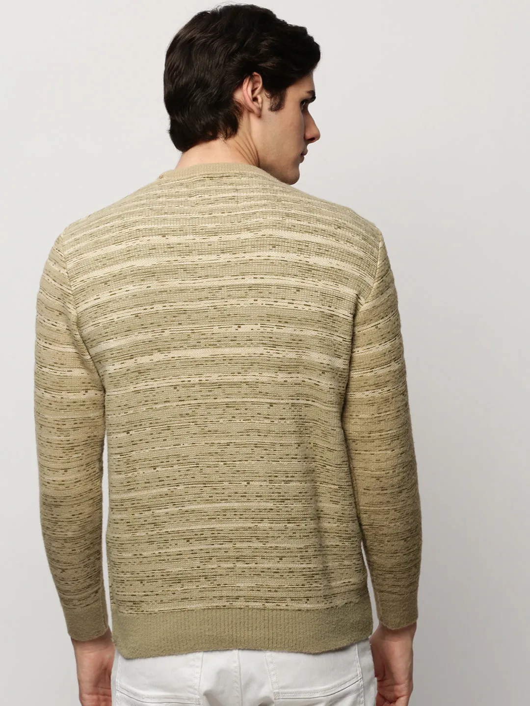 Men Olive Striped Acrylic Pullover