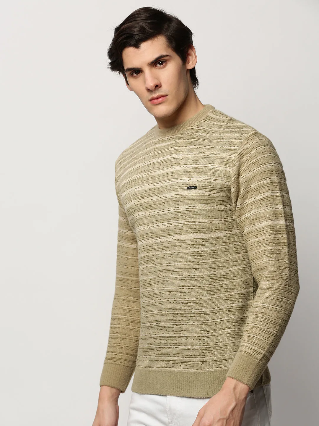 Men Olive Striped Acrylic Pullover