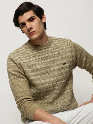 Men Olive Striped Acrylic Pullover